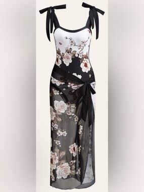 Floral Tie-Shoulder One Piece Swimsuit w/ Sheer coverup - NWOT - Size XL